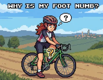 Pixel-artový zmatený cyklista koukající na znecitlivělé nohy s otazníky