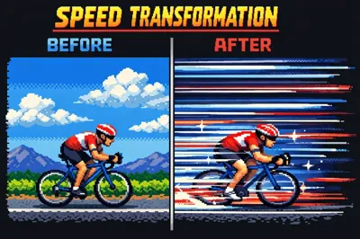 Pixel-artová transformace ukazující pomalého cyklistu, jak se stává rychlým cyklistou s čarami rychlosti