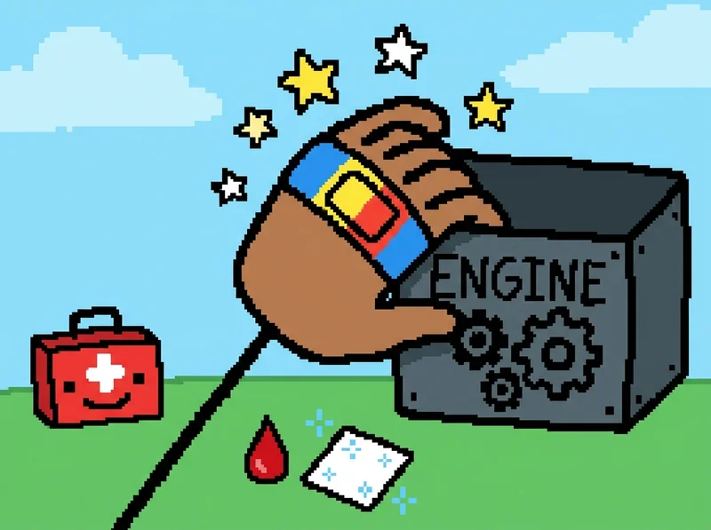 Hand with band-aid reaching into engine bay with smiling first aid kit nearby