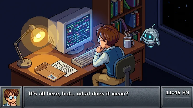 Pixel art character staring at overwhelming genome data on a glowing monitor in a cozy home office at night