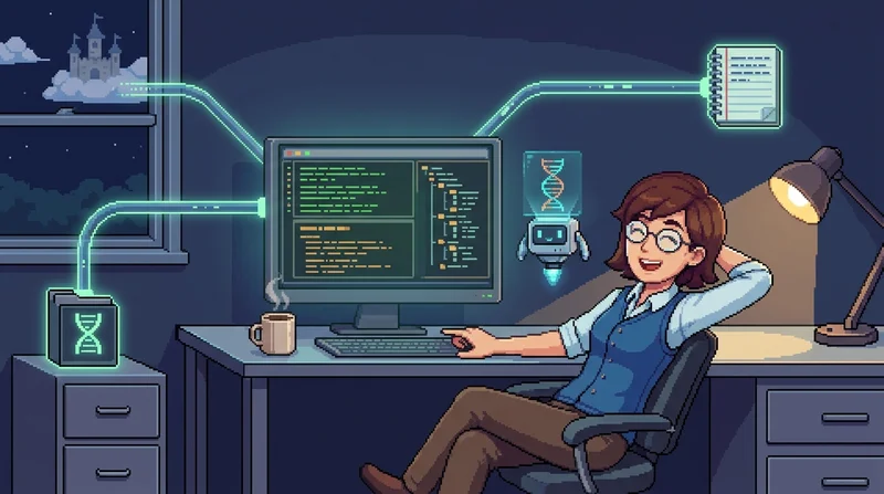 Pixel art character relaxed at a clean IDE workspace with organized genome query results and a hovering robot companion