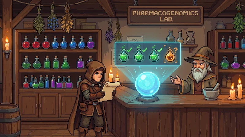 Pixel art RPG potion shop reimagined as a pharmacogenomics lab with enzyme icons glowing green and amber