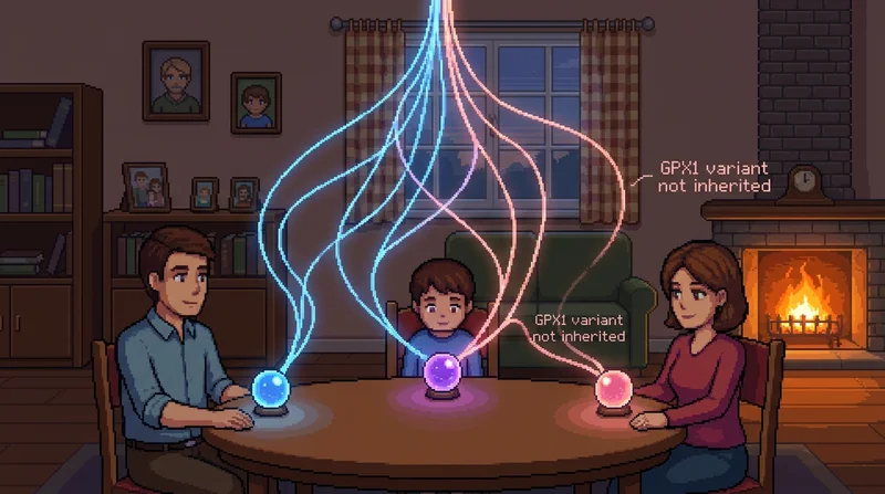 Pixel art family of three around a table with glowing genome orbs and luminous inheritance threads connecting them