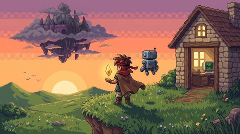 Pixel art character standing on a sunset hilltop holding a glowing genome shard, with a robot companion, turned away from a distant cloud fortress