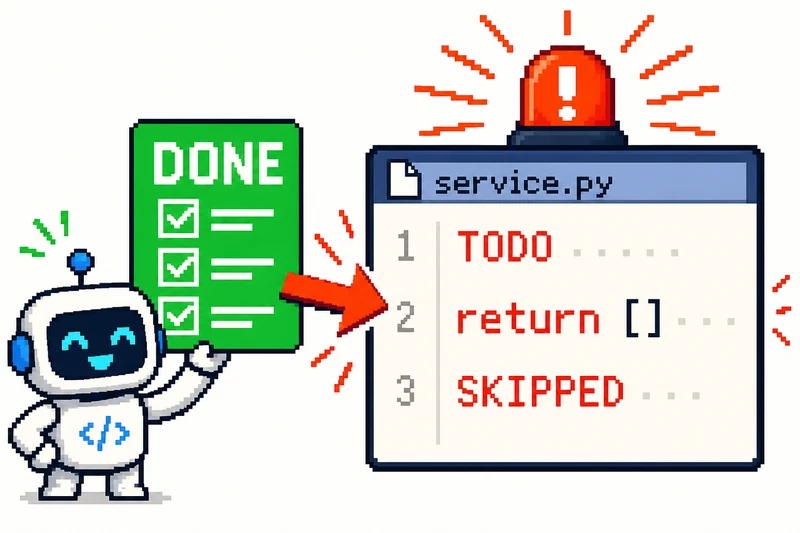 Pixel-art robot holding up a green DONE checklist while the file beside it shows a TODO, an empty return and a skipped line under a red alarm