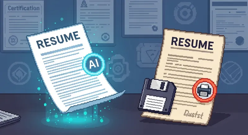Pixel art of a glowing AI badge on a resume next to a floppy disk, representing the gap between hype and real skill