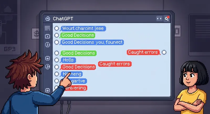 Pixel art of a scrolling chat log on a screen with green and red highlights showing iteration and course corrections