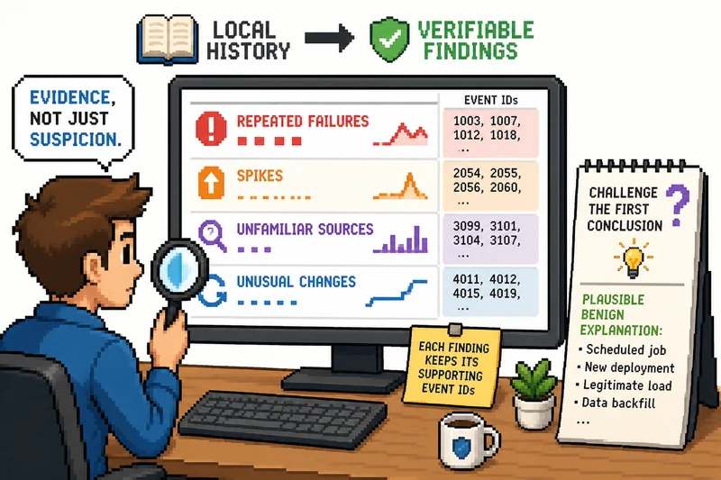 Pixel-art person with a magnifying glass at a monitor listing finding types with event IDs, and a notepad of plausible benign explanations