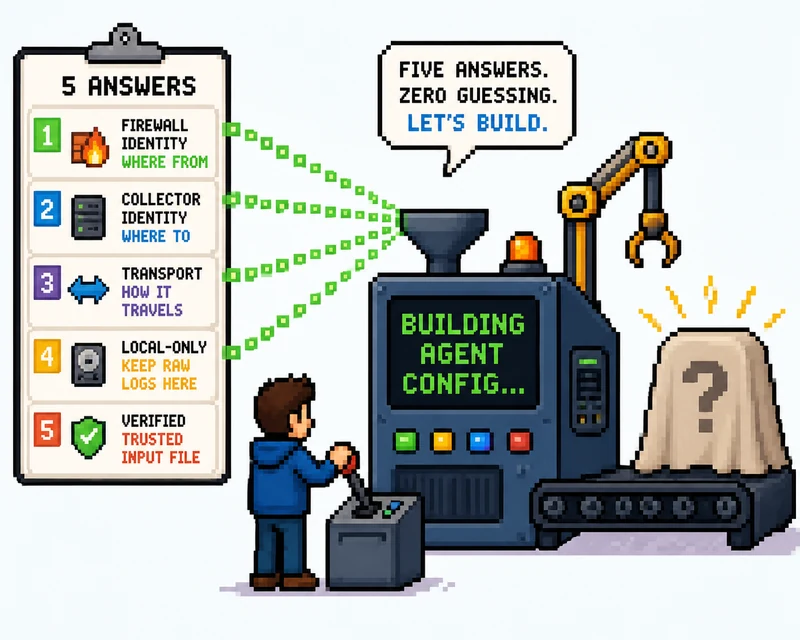 Pixel-art clipboard of five answers feeding a machine labeled building agent config, with a cloth-covered object on the conveyor