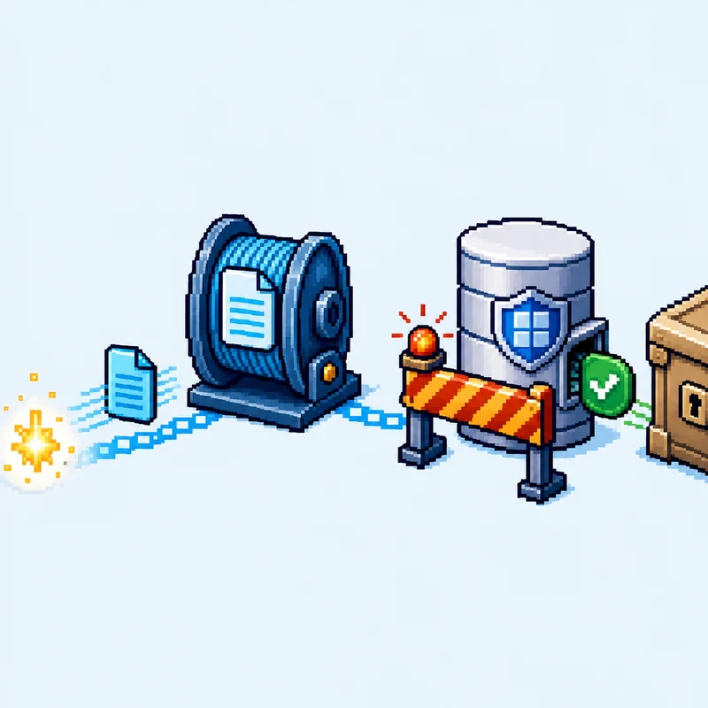 Pixel-art document flowing to a cable spool, then a striped barricade, a shielded cylinder, a green check, and a crate with a keyhole