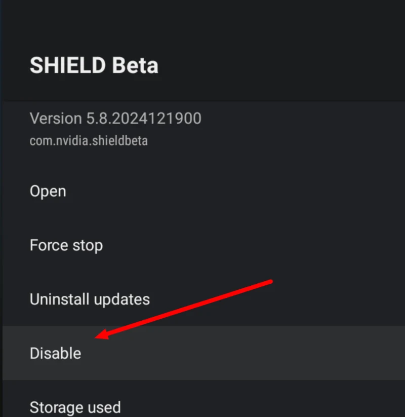 Shield app page for unused SHIELD Beta with Disable highlighted