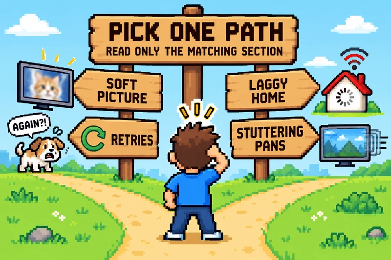 A person at a four-way signpost labeled soft picture, retries, laggy home, and stuttering pans