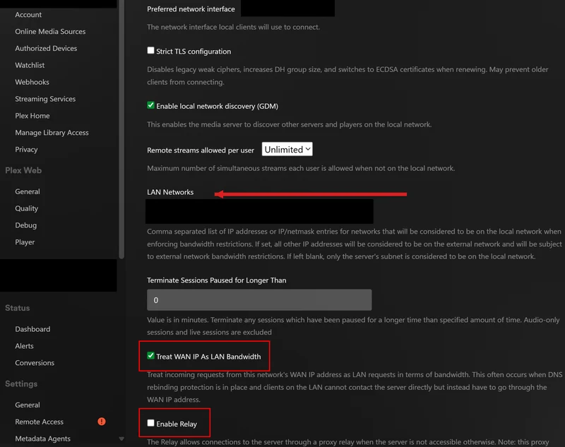 Plex Network page with LAN Networks blocked, Treat WAN IP As LAN Bandwidth on, Enable Relay off