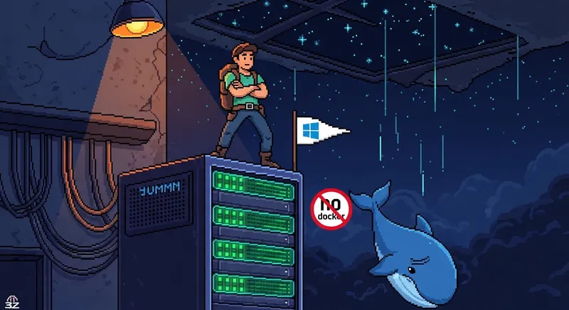 Ilustração pixel art de um sysadmin triunfante sobre um rack de servidores brilhante com uma bandeira do Windows, enquanto uma baleia de desenho animado cai no vazio