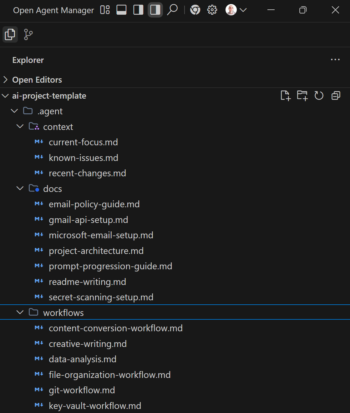 Antigravity file explorer showing the .agent folder with workflows and documentation