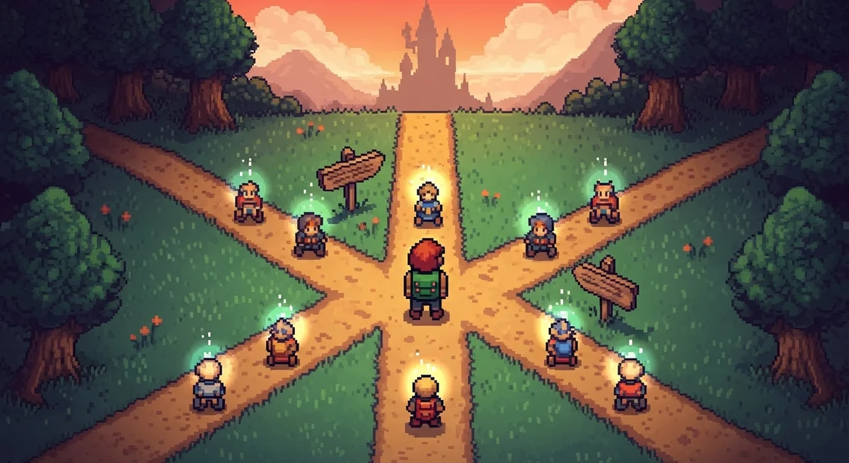 Pixel art adventurer at crossroads representing exploration of new possibilities