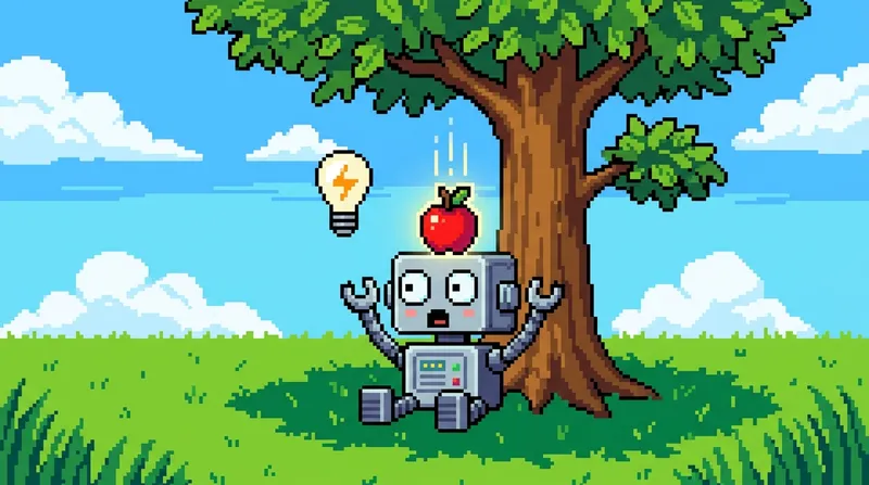 Robô de IA tendo um momento eureka debaixo de uma árvore como Isaac Newton