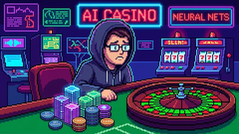 Desenvolvedor em uma mesa de roleta de cassino de IA apostando com tokens de API